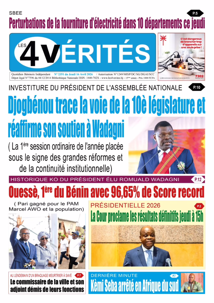 La Une de Les 4 Vérités du jeudi 15 Avril 2026