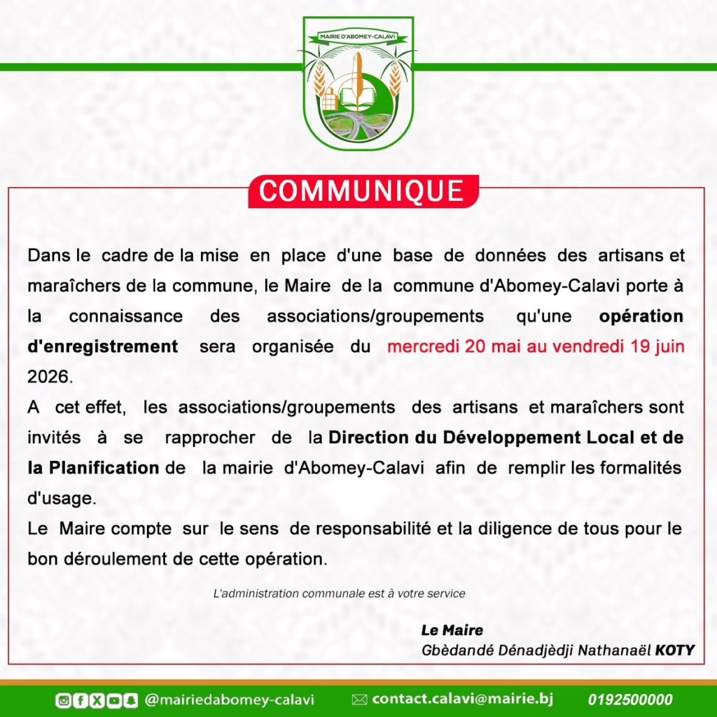 Recensement à Abomey-Calavi : Les artisans et maraîchers appelés à s’inscrire avant le 19 juin