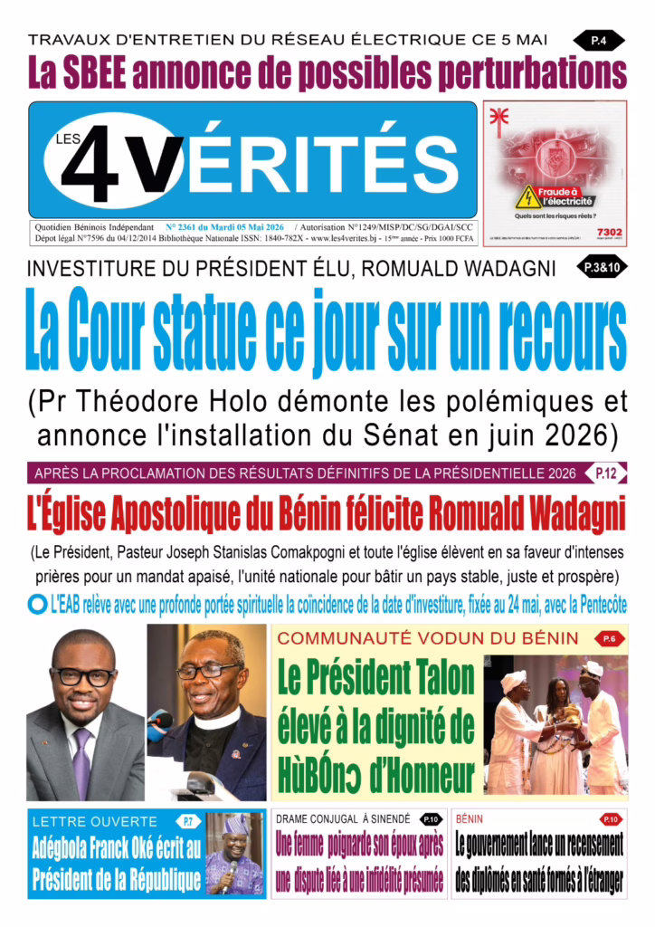 La Une de Les 4 Vérités du Mardi 05 Mai 2026