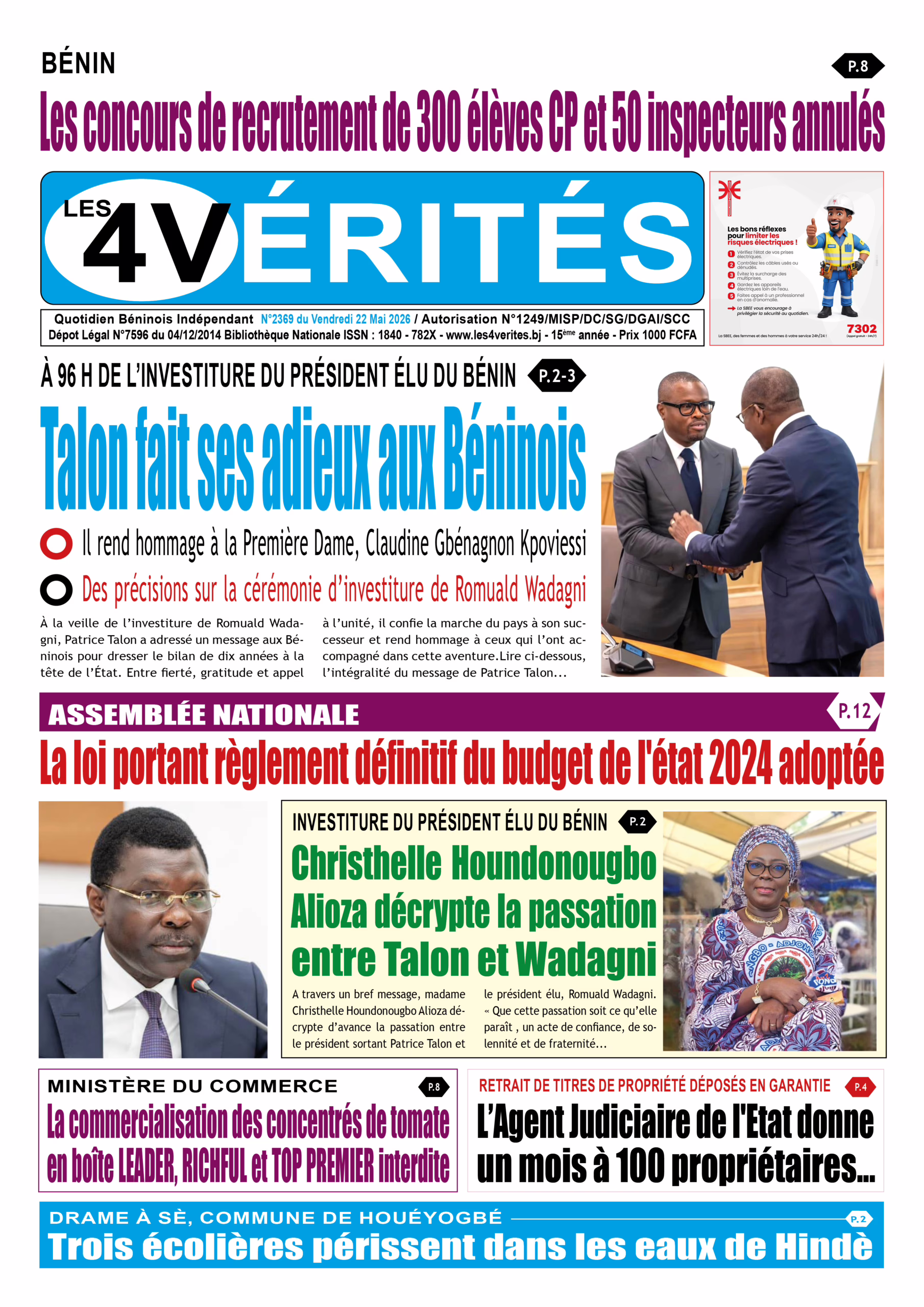 La Une de Les 4 Vérités du Vendredi 221 Mai 2026