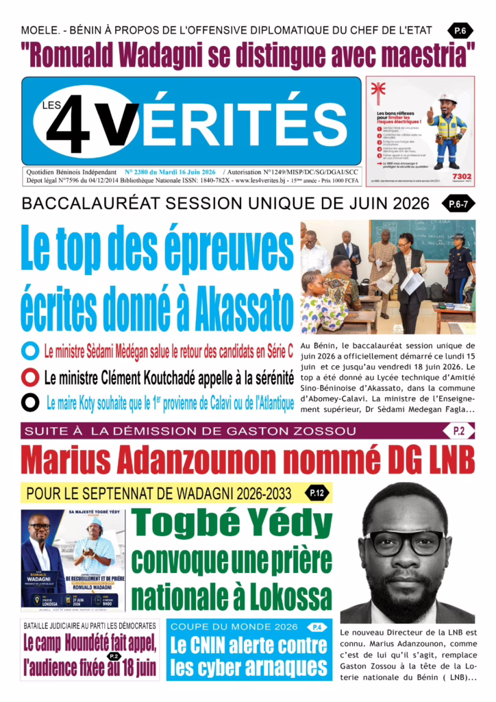 La Une de Les 4 Vérités du Mardi 16 Juin 2026
