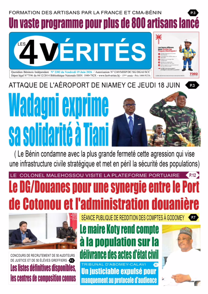 La Une de Les 4 Vérités du  Vendredi 19 juin 2026