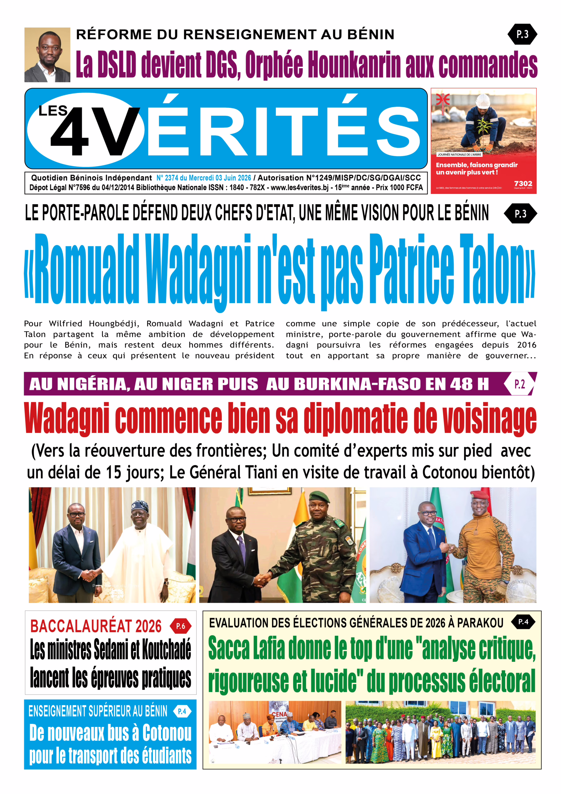La Une de Les 4 Vérités du Mercredi 03 Juin 2026