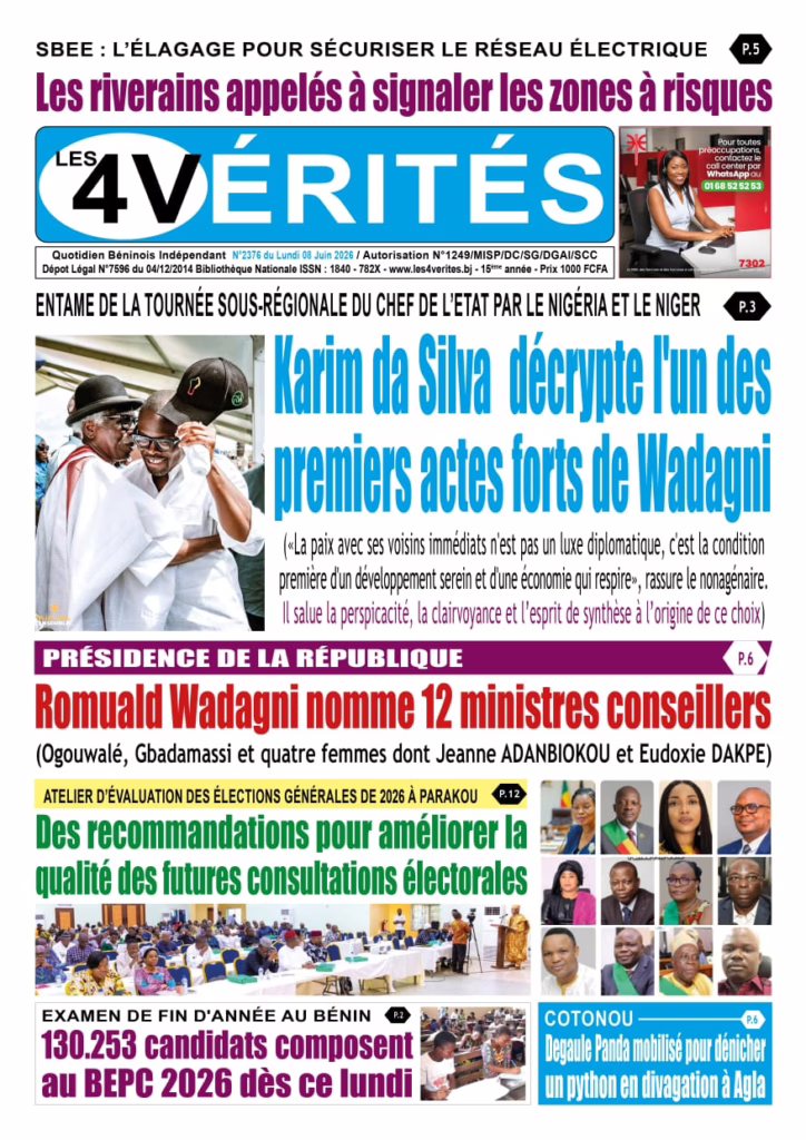 La Une de Les 4 Vérités du lundi 8 Juin 2026