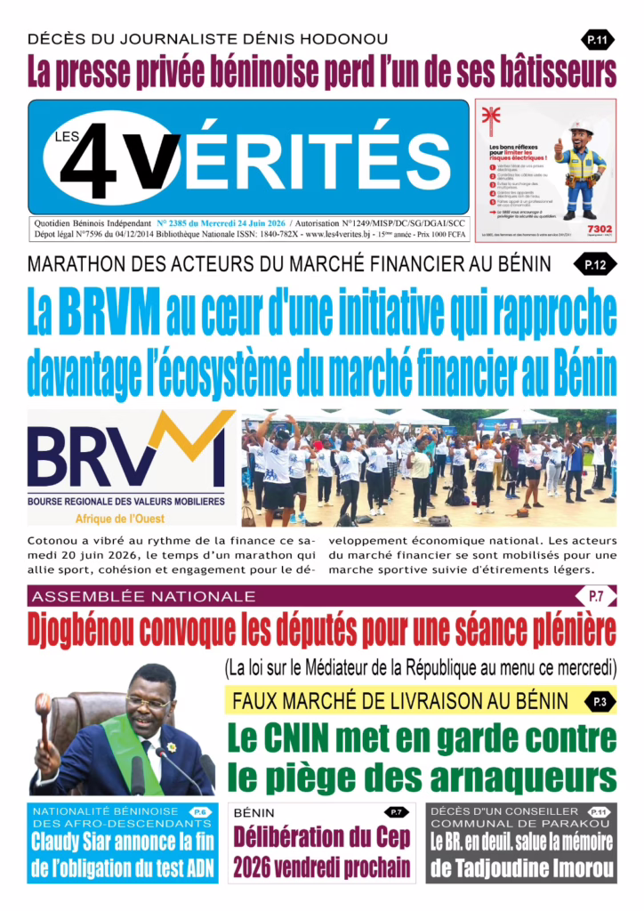 La Une de Les 4 Vérités du Mercredi 24 Juin 2026