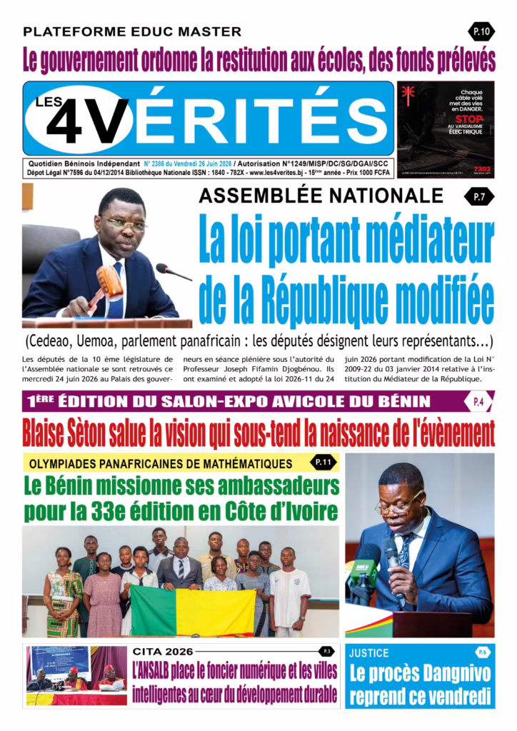 La Une de Les 4 Vérités du 26 Juin 2026