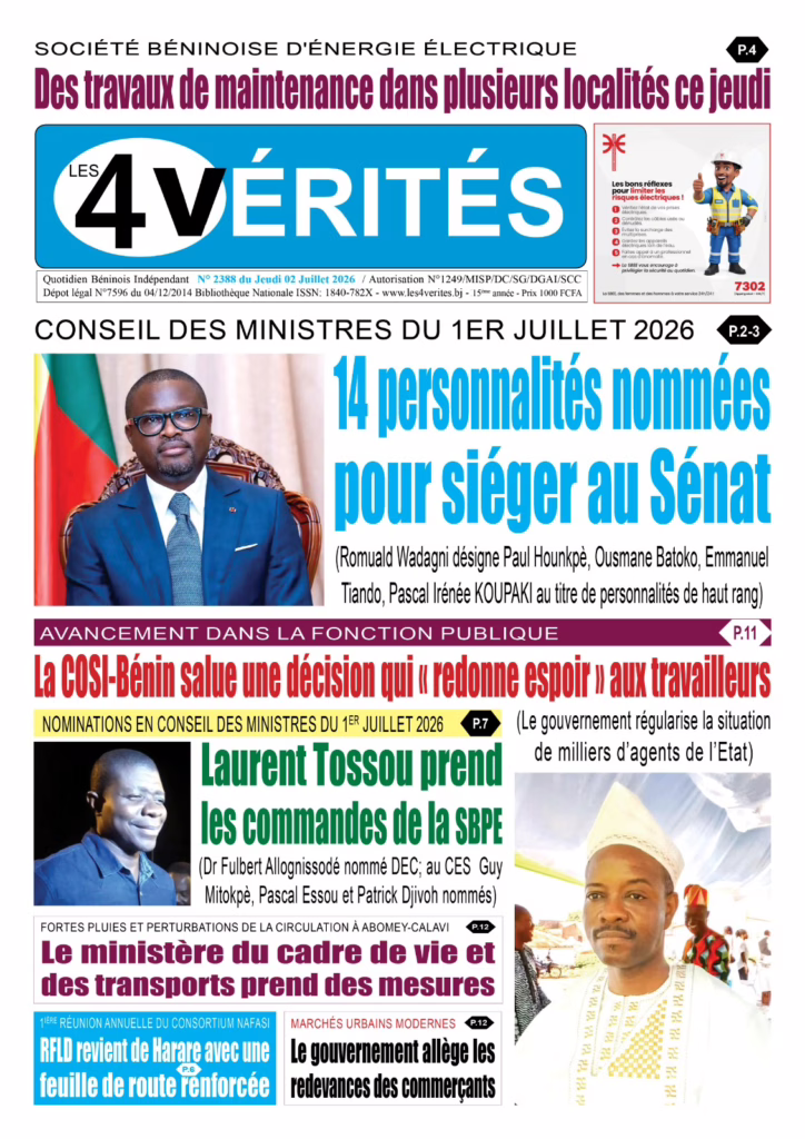 La Une de Les 4 Vérités du Jeudi 2 Juillet 2026