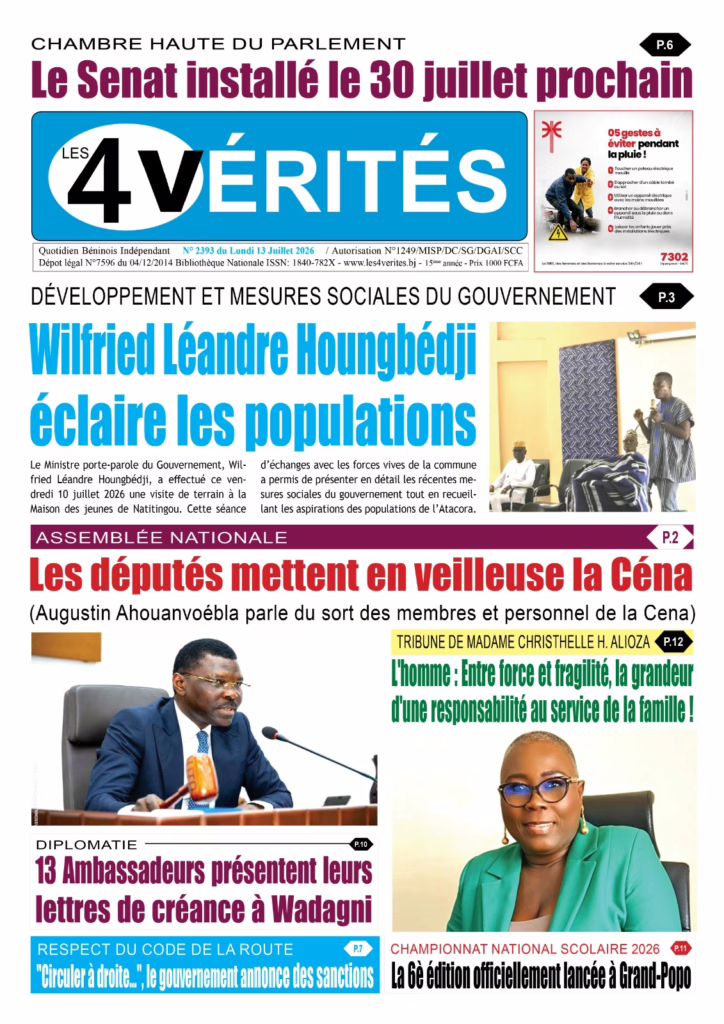 La Une de Les 4 Vérités du Lundi 13 Juillet 2026