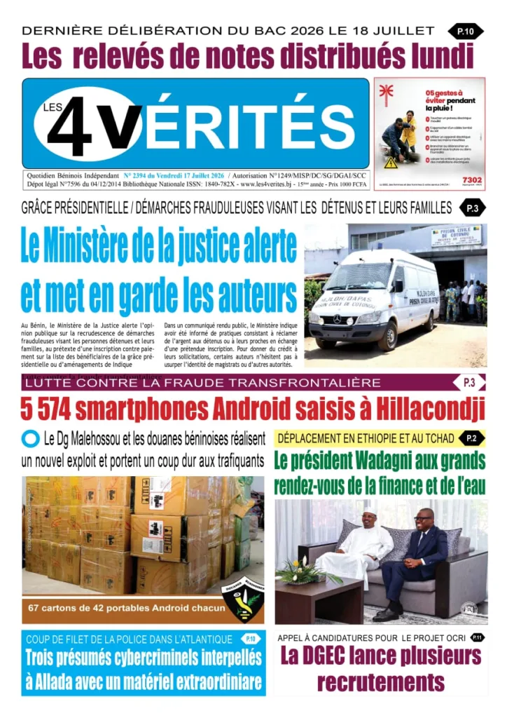 La Une de Les 4 Vérités du Vendredi 17 juillet 2026
