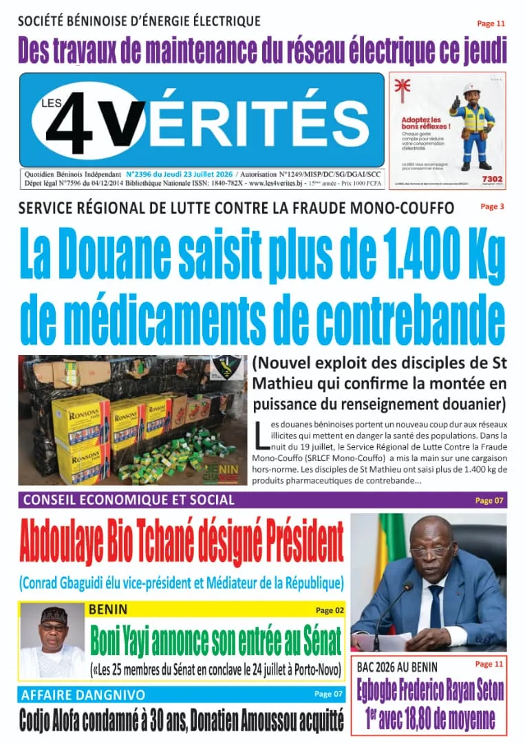La Une de Les 4 Vérités du Jeudi 23 Juillet 2026