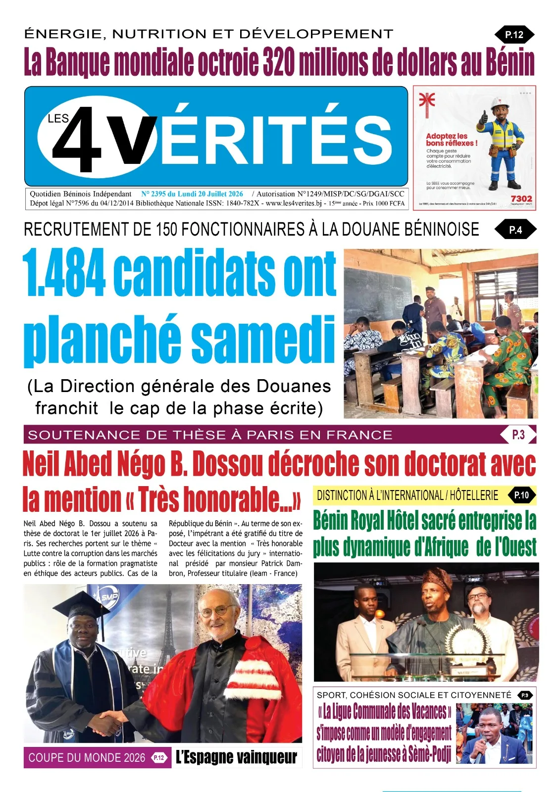 La Une de Les 4 Vérités du lundi 20 Juillet 2026
