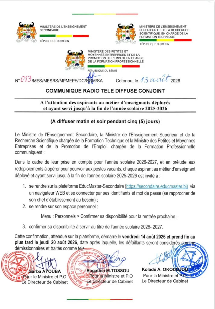 Aspirants au métier d’enseignant : Ultimatum aux AME pour confirmer leur disponibilité avant le 20 août