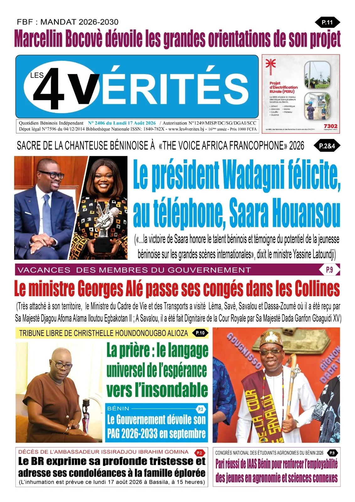 La Une de Les 4 Vérités du Lundi 17 Août 2026