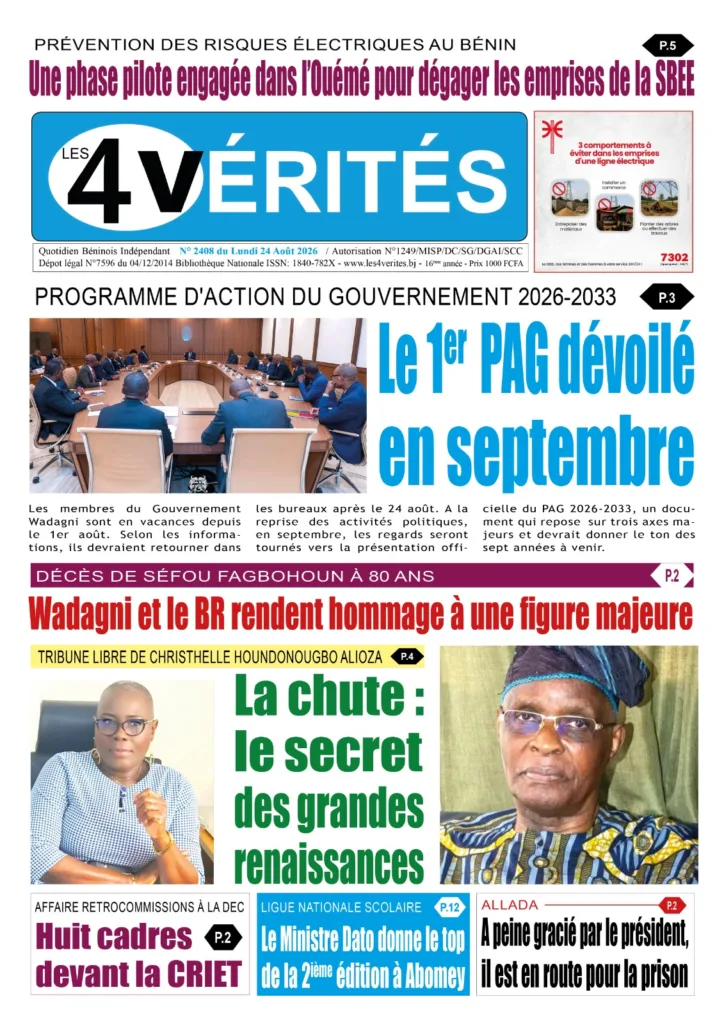 La Une de Les 4 Vérités du Lundi 24 Août 2026