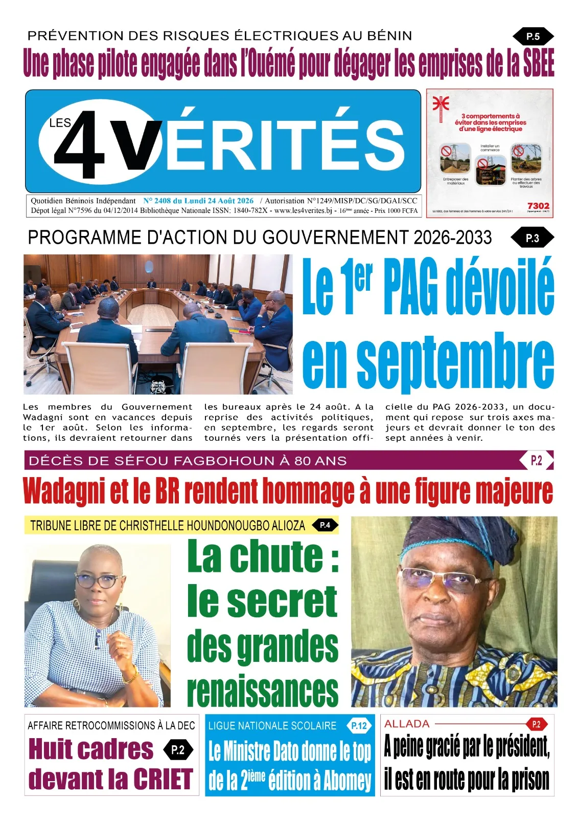 La Une de Les 4 Vérités du Lundi 24 Août 2026