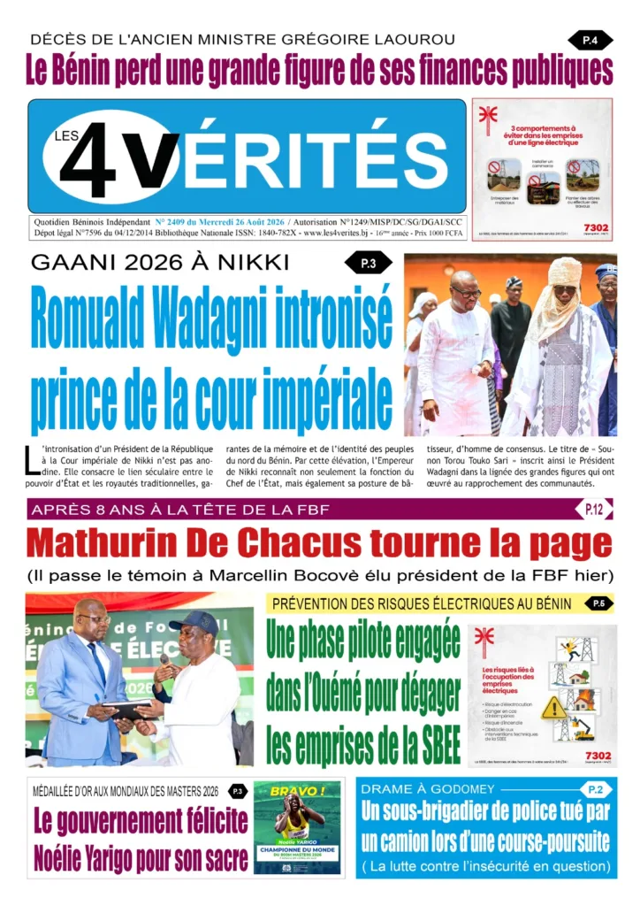 La Une de Les 4 Vérités du Mercredi 26 Août 2026