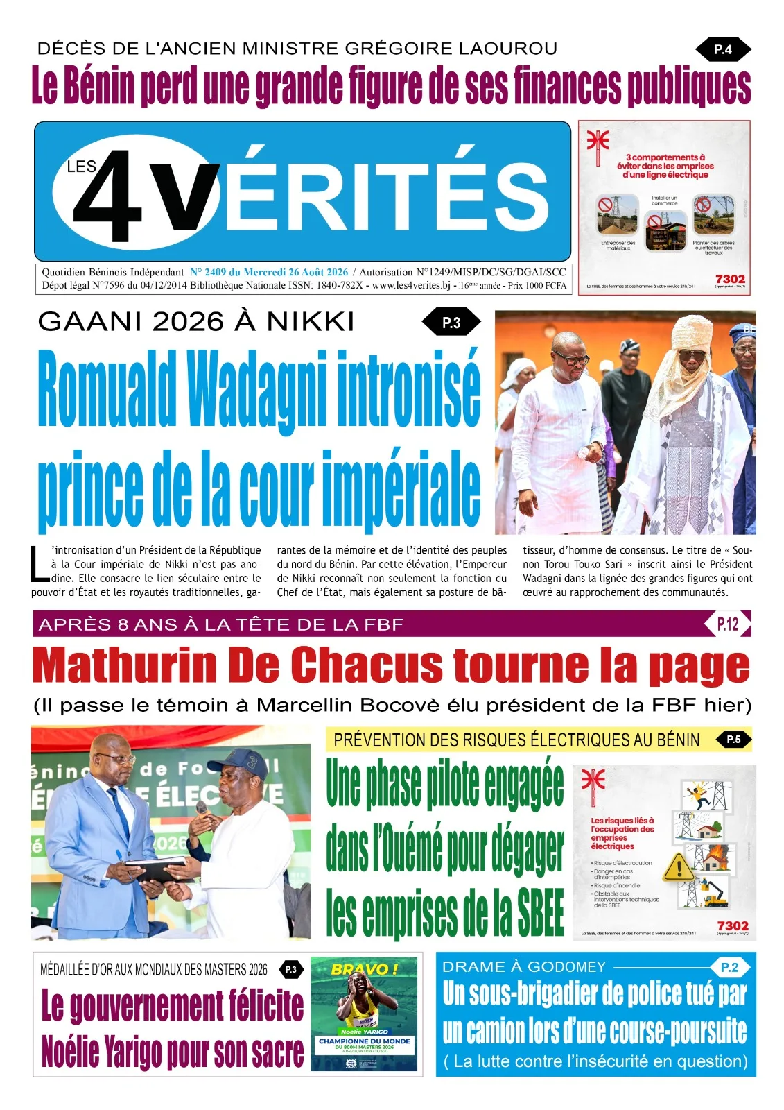 La Une de Les 4 Vérités du Mercredi 26 Août 2026