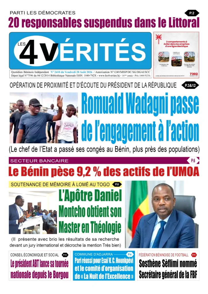 La Une de Les 4 Vérités du Vendredi 28 Août 2026