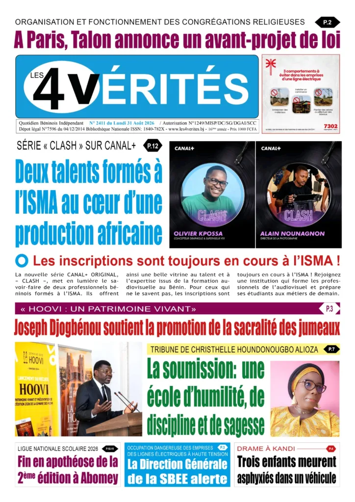 La Une de Les 4 Vérités du Lundi 31 Août 2026