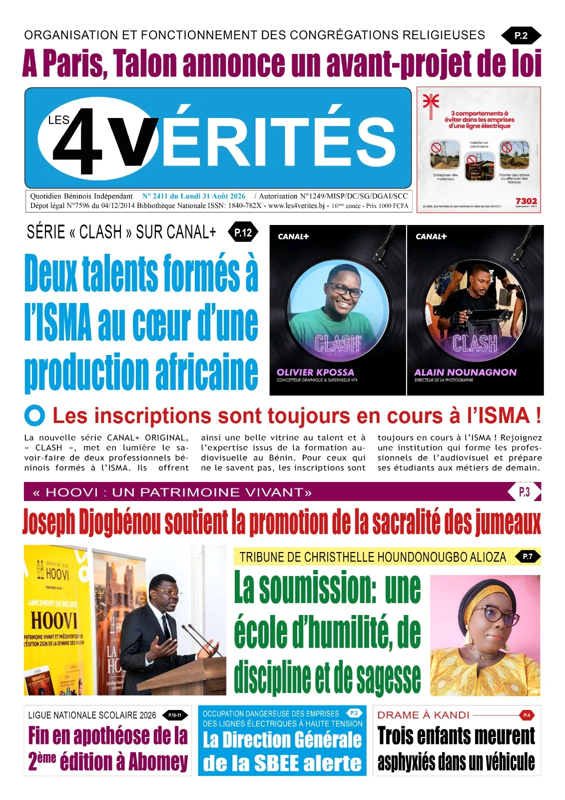La Une de Les 4 Vérités du Lundi 31 Août 2026