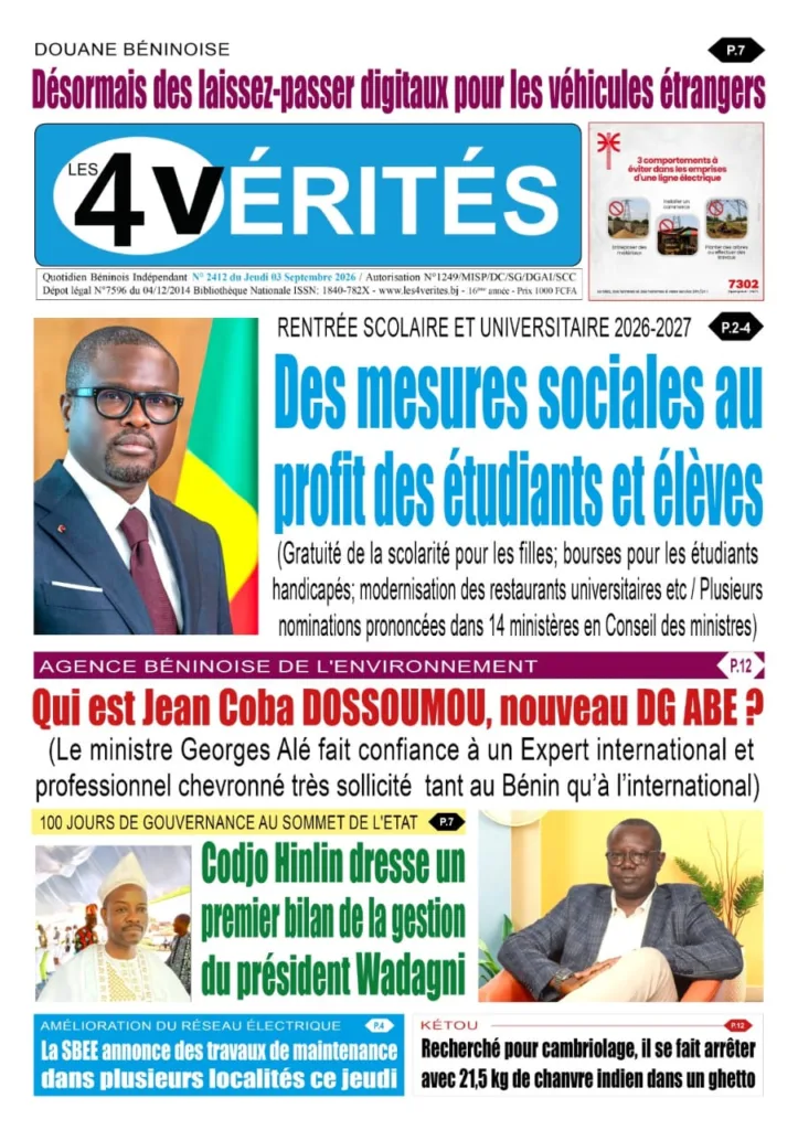La Une de Les 4 Vérités du Jeudi 3 Septembre 2026