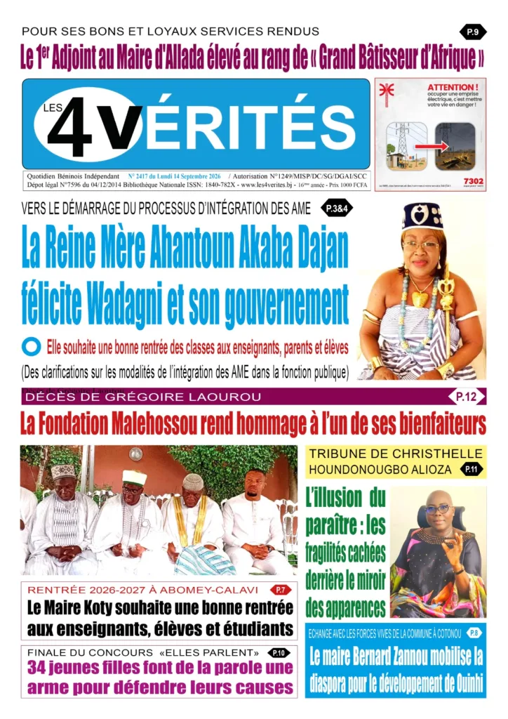 La Une de Les 4 Vérités du Lundi 14 Septembre 2025