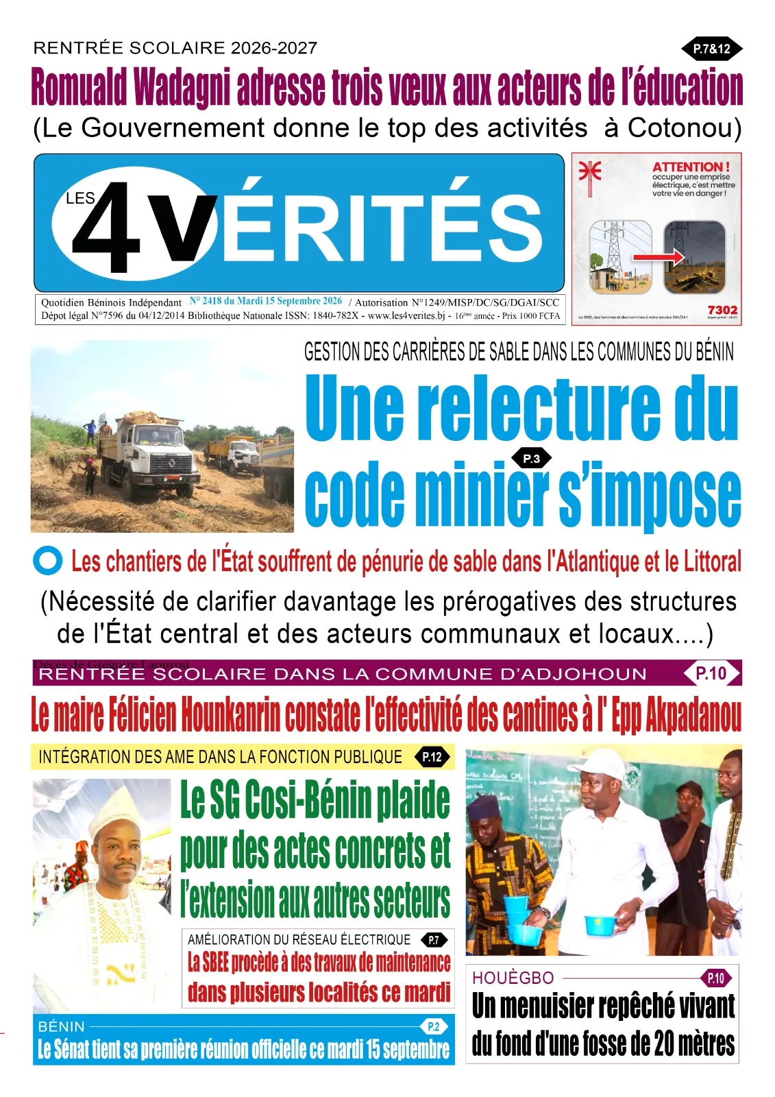 La Une de Les 4 Vérités du Mardi 15 Septembre 2026