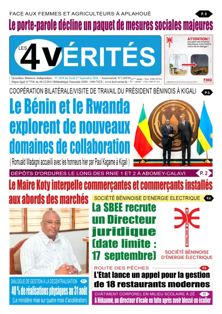La Une de Les 4 Vérités du Jeudi 17 Septembre 2026