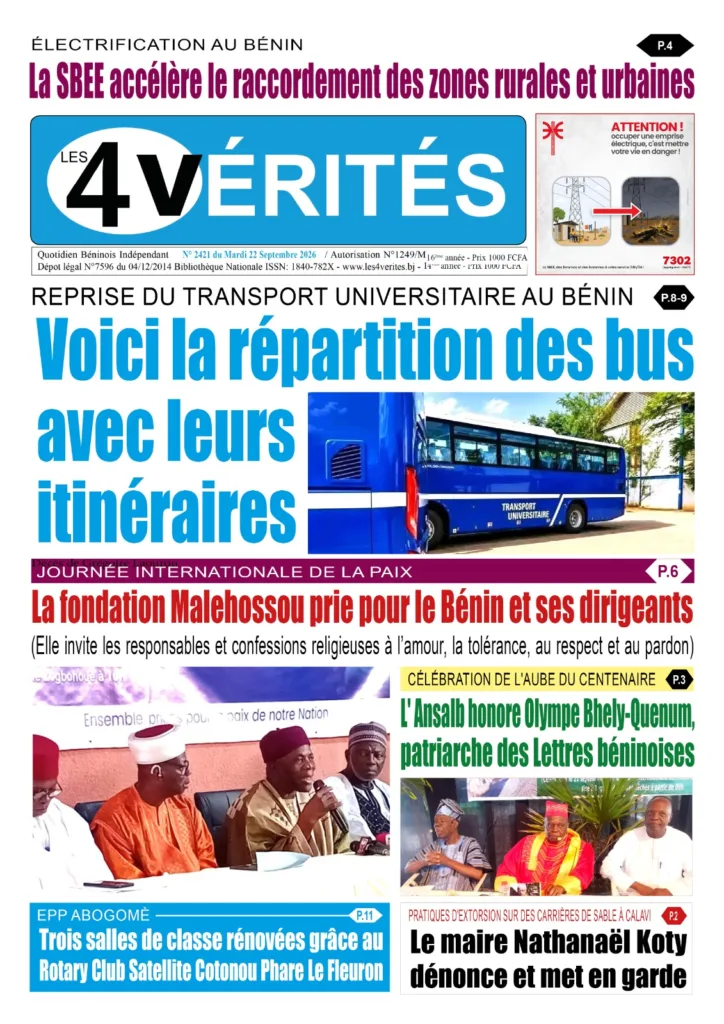 La Une de Les 4 Vérités du Mardi 22 Septembre 2026