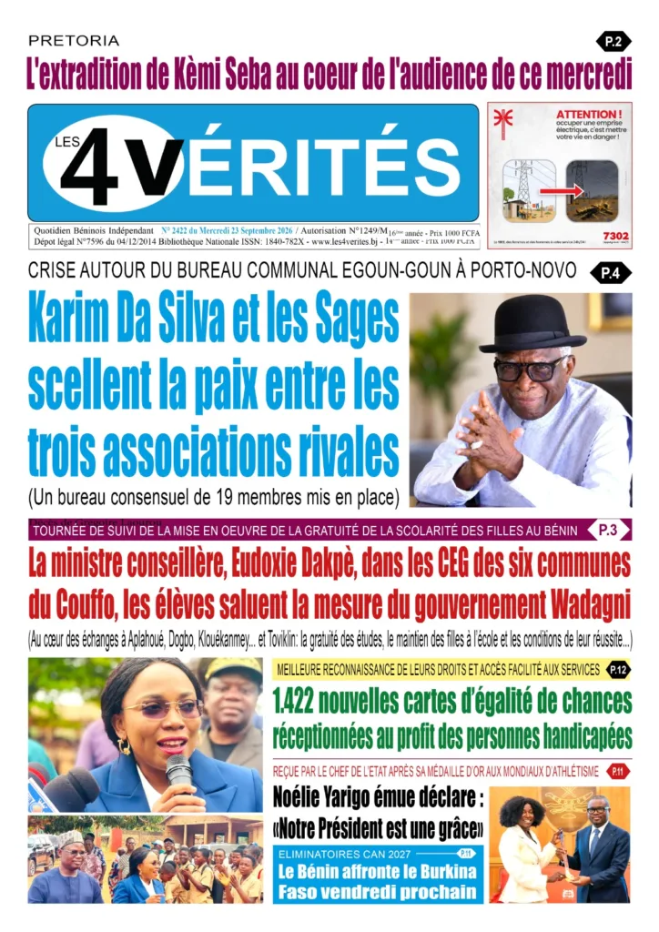 La Une de Les 4 Vérités du Mercredi 23 Septembre 2026