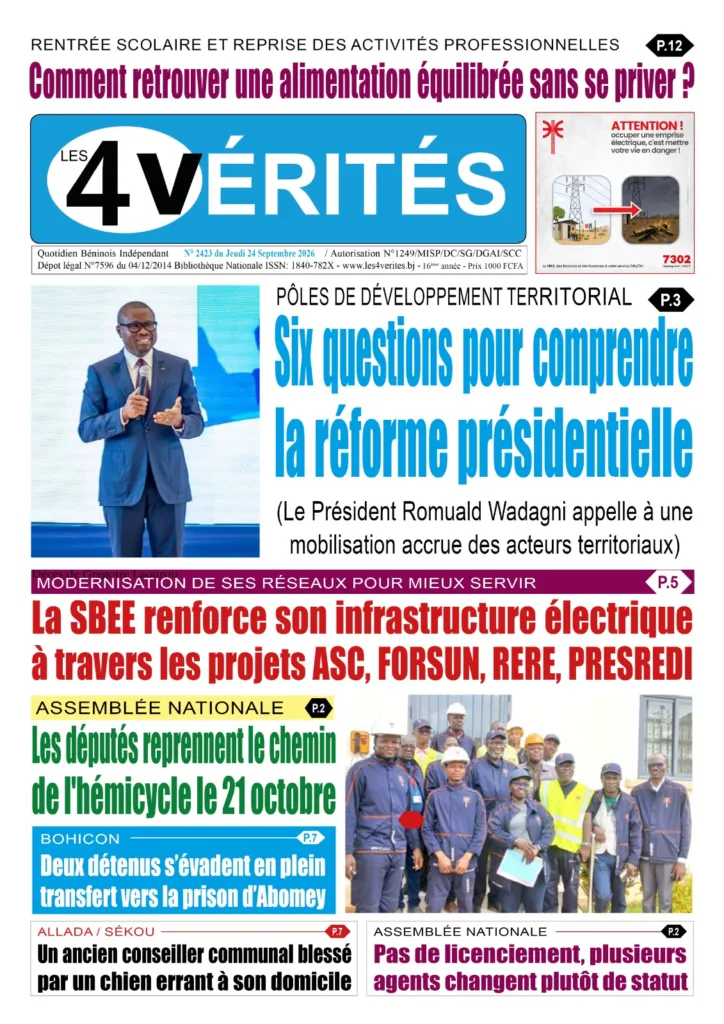 La Une de Les 4 Vérités du Jeudi 24 Septembre 2026