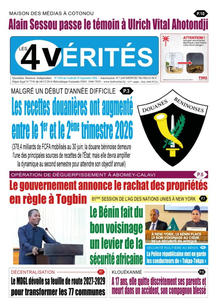 La Une de Les 4 Vérités du Vendredi 25 Septembre 2026