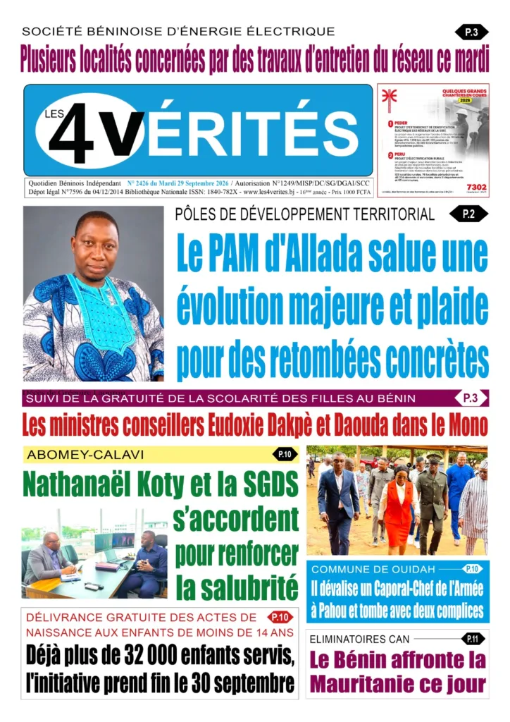 La Une de Les 4 Vérités du Mardi 29 Septembre 2026