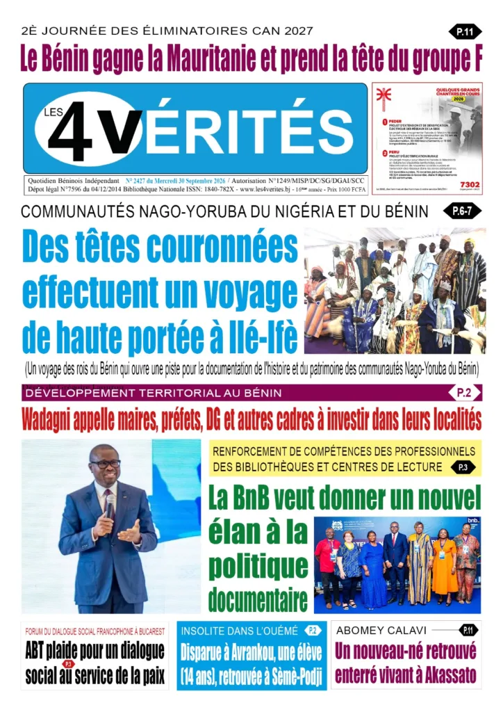 La Une de Les 4 Vérités du Mercredi 30 Septembre 2026