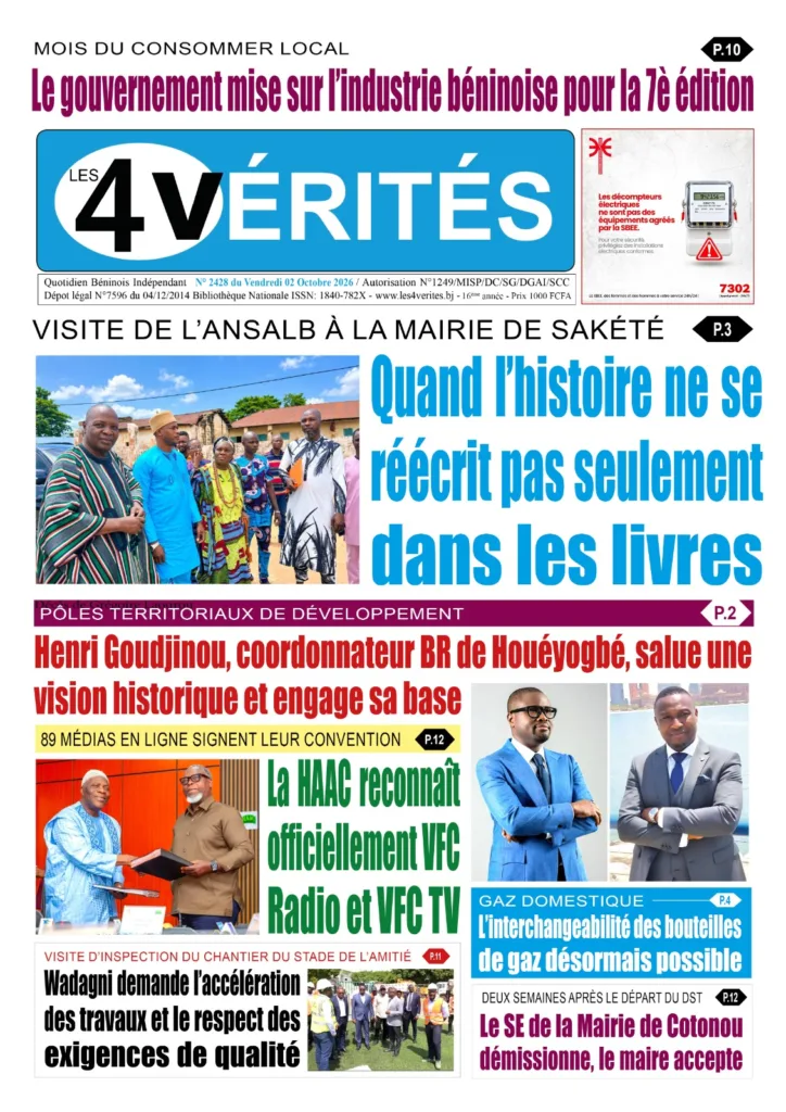 La Une de Les 4 Vérités du Vendredi 02 Octobre 2026