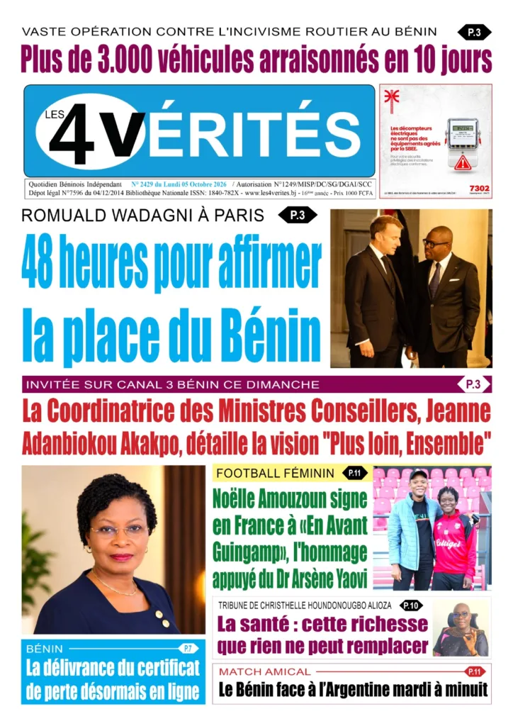 La Une de Les 4 Vérités du Lundi 05 Octobre 2026