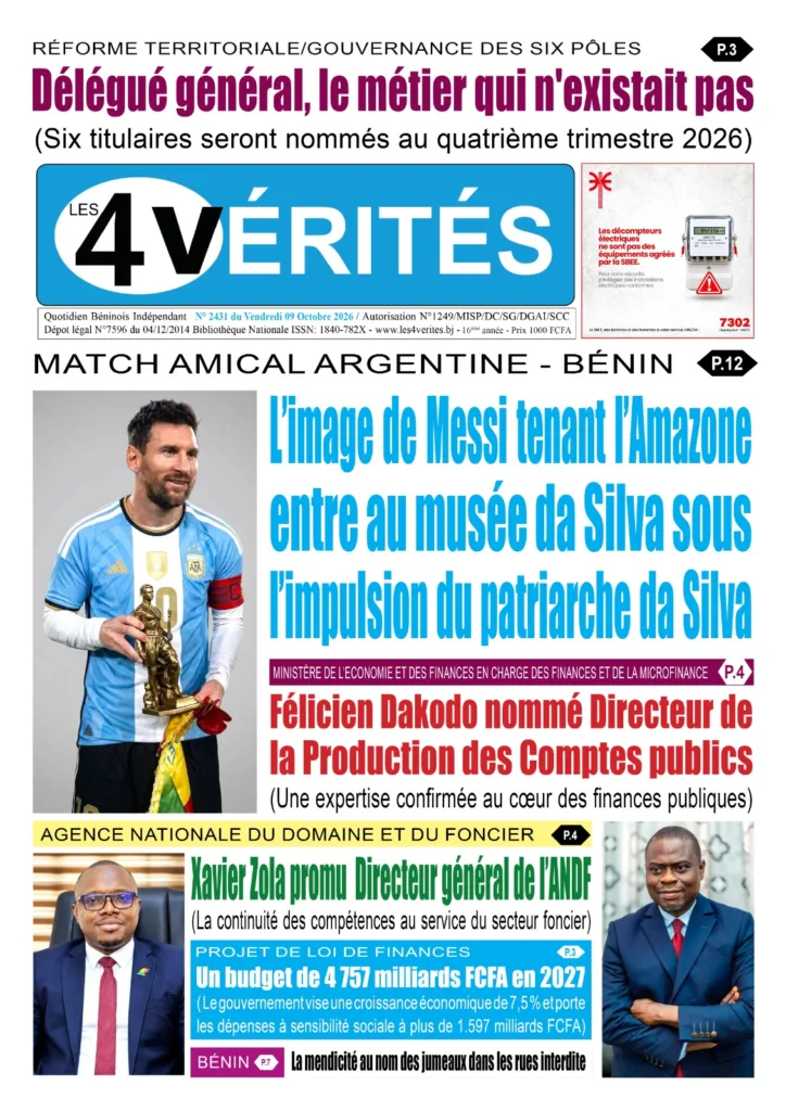 La Une de Les 4 Vérités du 09 Octobre 2026