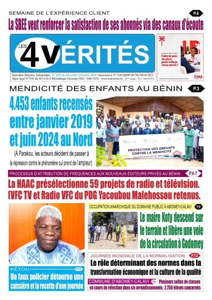 La Une de Les 4 Vérités du Mercredi 14 Octobre 2026